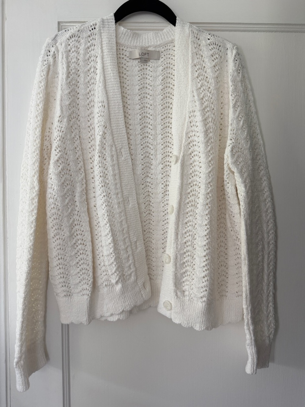 LOFT Cream Open-Knit Button-Front Cardigan